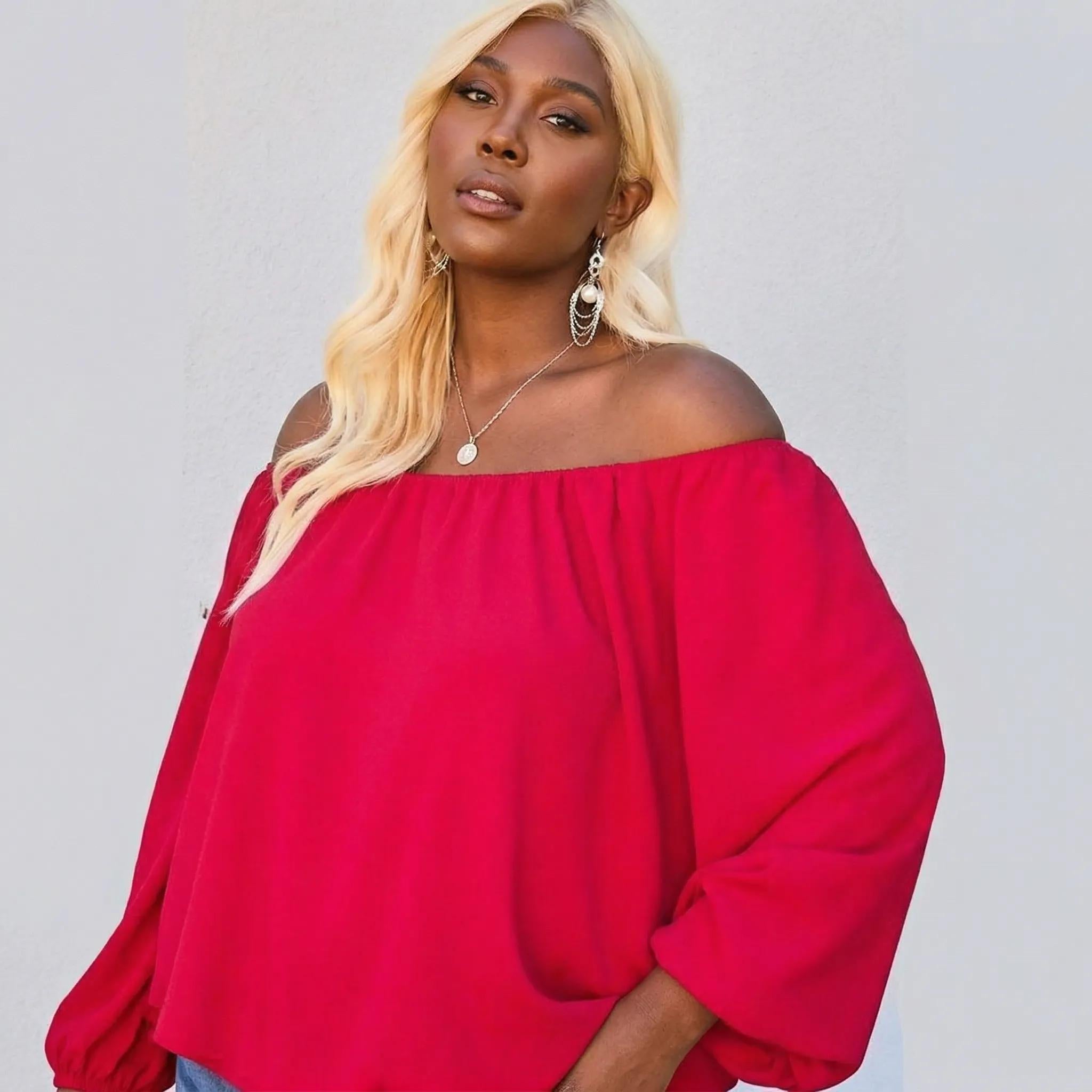 Off Shoulder Long Bubble Sleeve Solid Top