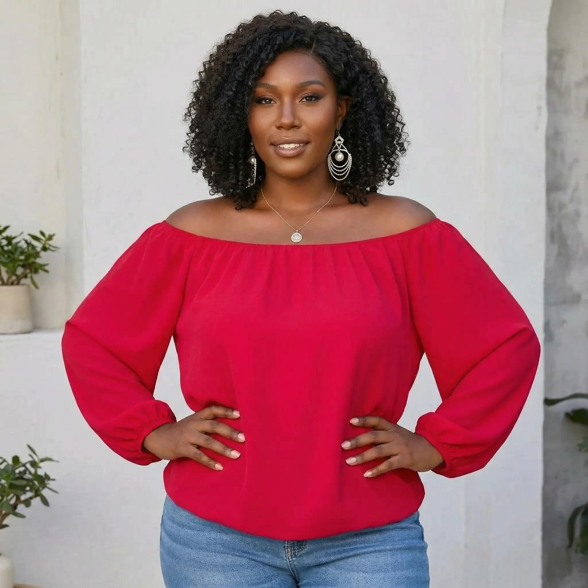 Off Shoulder Long Bubble Sleeve Solid Top