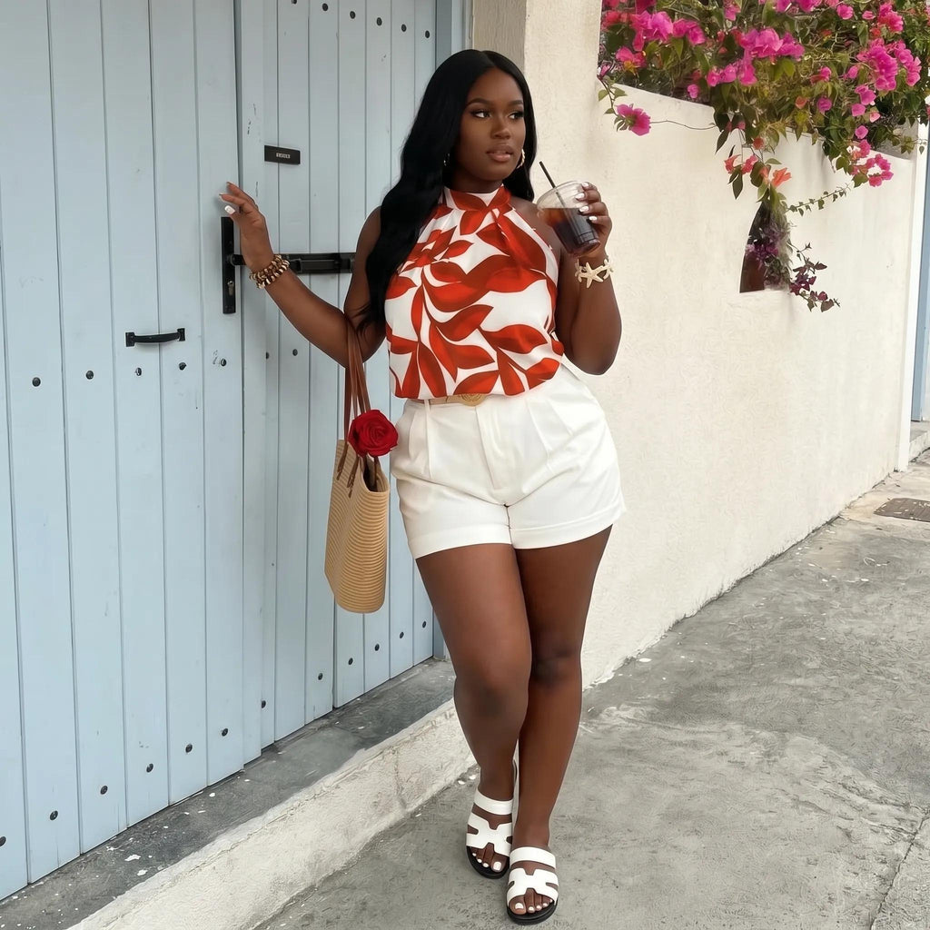 Plant Print Halter Sleeveless Loose Blouse