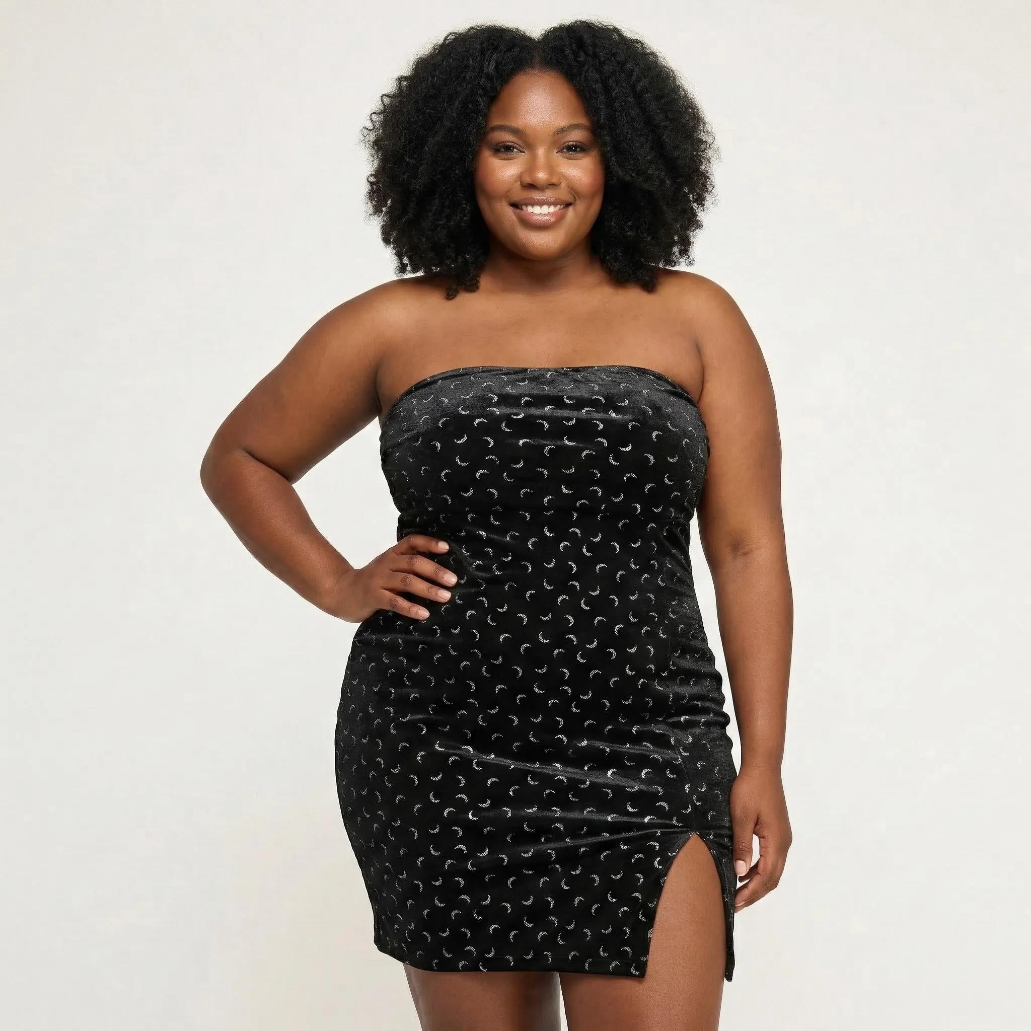 Velvet Strapless Dress W/ Metal Crescent Det