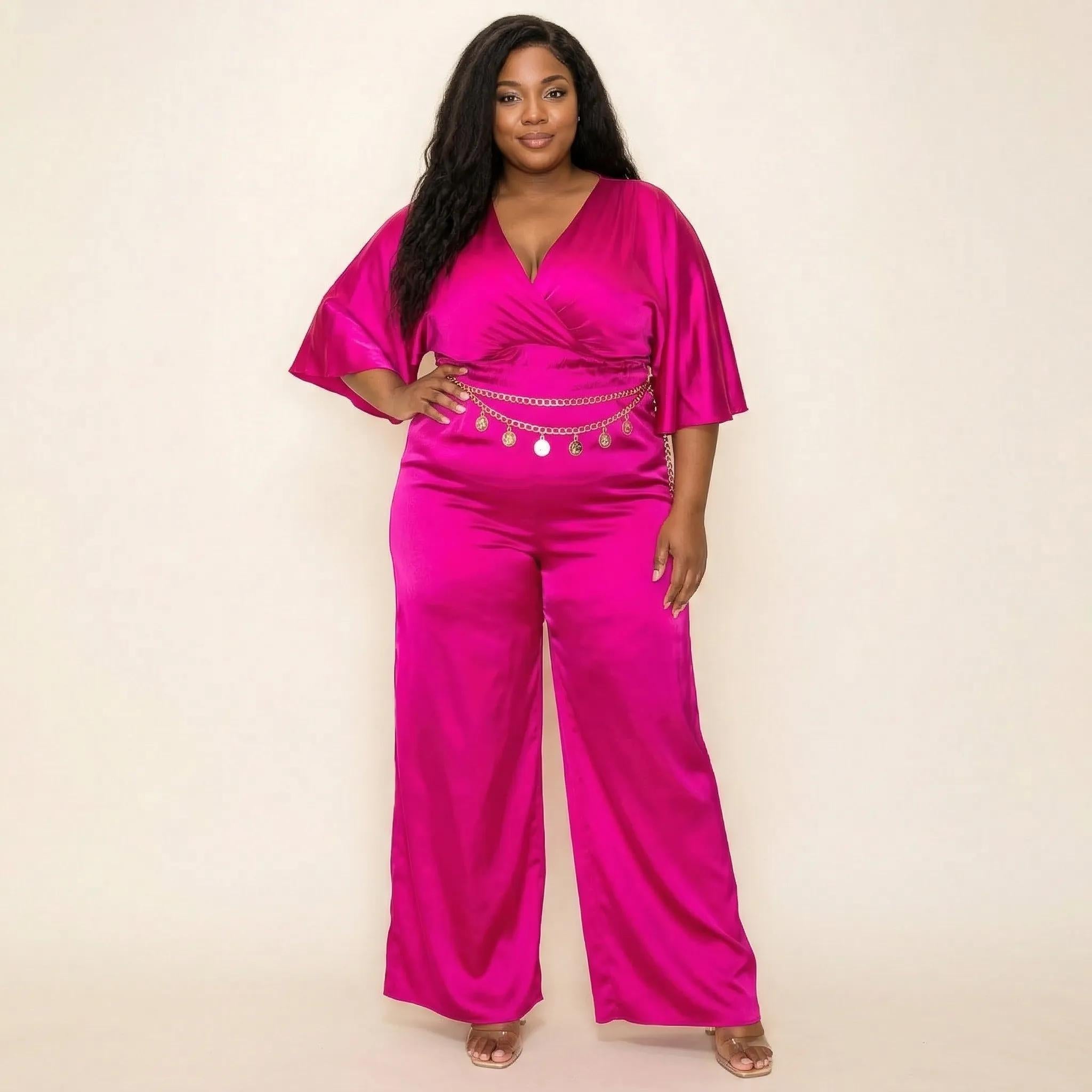 Satin Wrap Front Short Sleeve Smocked Waist Jumpsuit