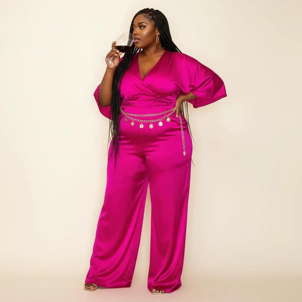 Satin Wrap Front Short Sleeve Smocked Waist Jumpsuit