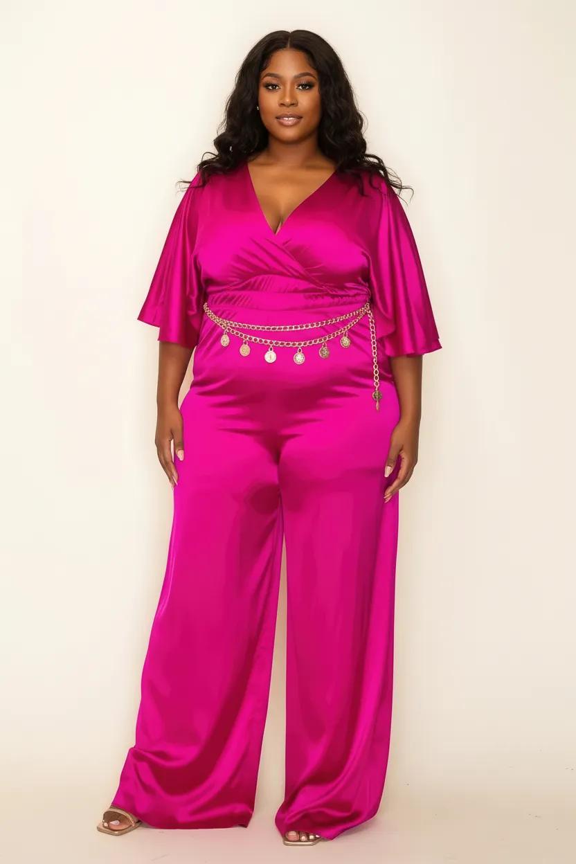 Satin Wrap Front Short Sleeve Smocked Waist Jumpsuit
