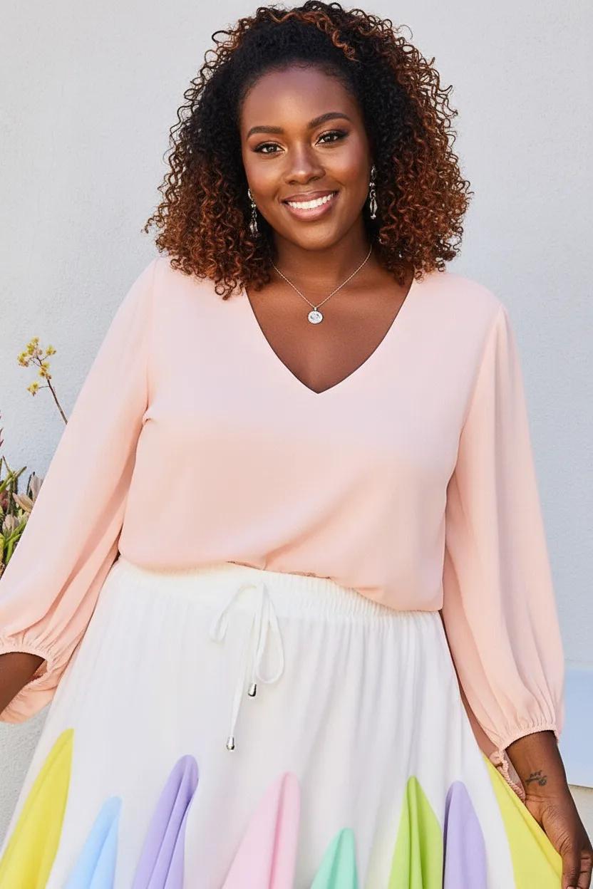 V Neck Bubble Sleeve Solid Top