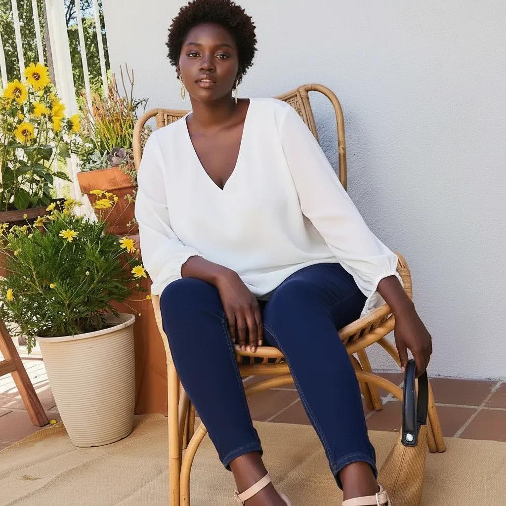V Neck Bubble Sleeve Solid Top