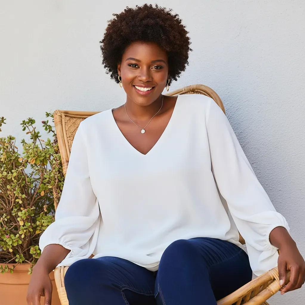 V Neck Bubble Sleeve Solid Top