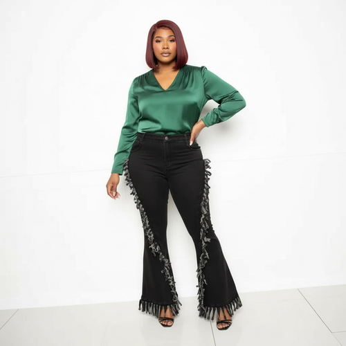 Distressed Fringe Denim Flared Pant